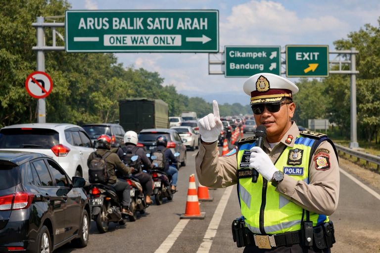 arus balik satu arah mulai diberlakukan hari ini pukul 14.00. kakorlantas memberikan imbauan penting untuk para pemudik agar tetap aman dan tertib selama perjalanan pulang.