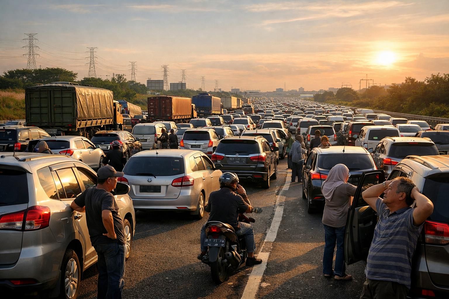 pemudik dari bekasi menuju tol cikampek mengalami kemacetan parah selama 5 jam, mencatat rekor baru dalam perjalanan mudik.