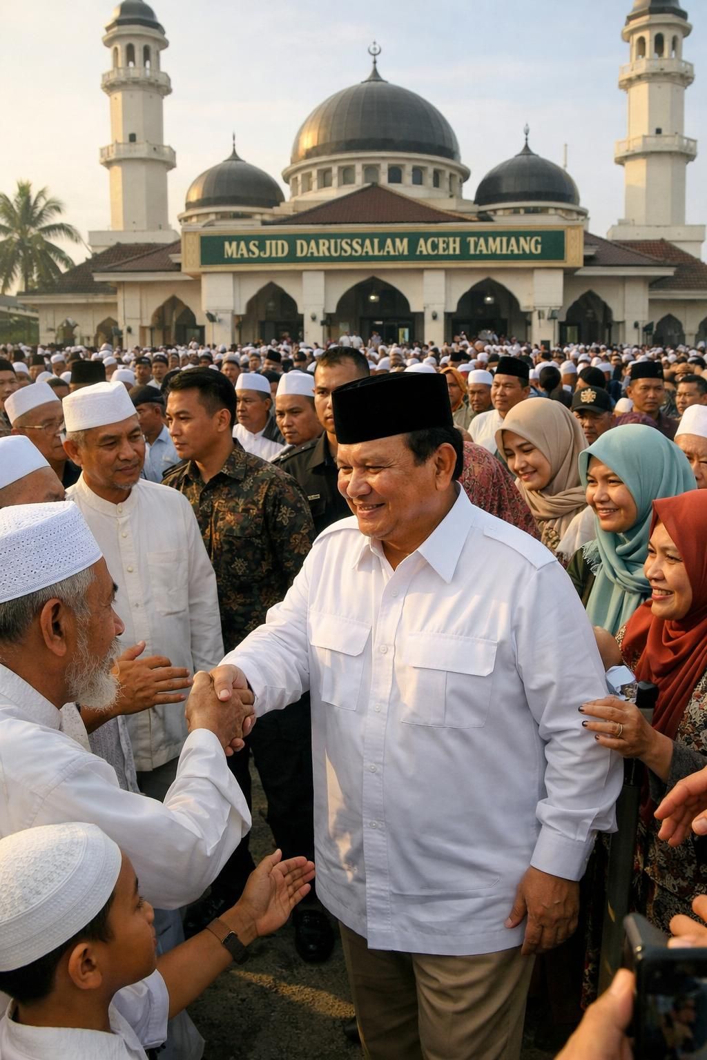 setelah shalat id, prabowo bersilaturahmi dengan jamaah masjid darussalam. warga menunjukkan antusiasme tinggi untuk saling menyapa dan bertemu langsung dengan prabowo.
