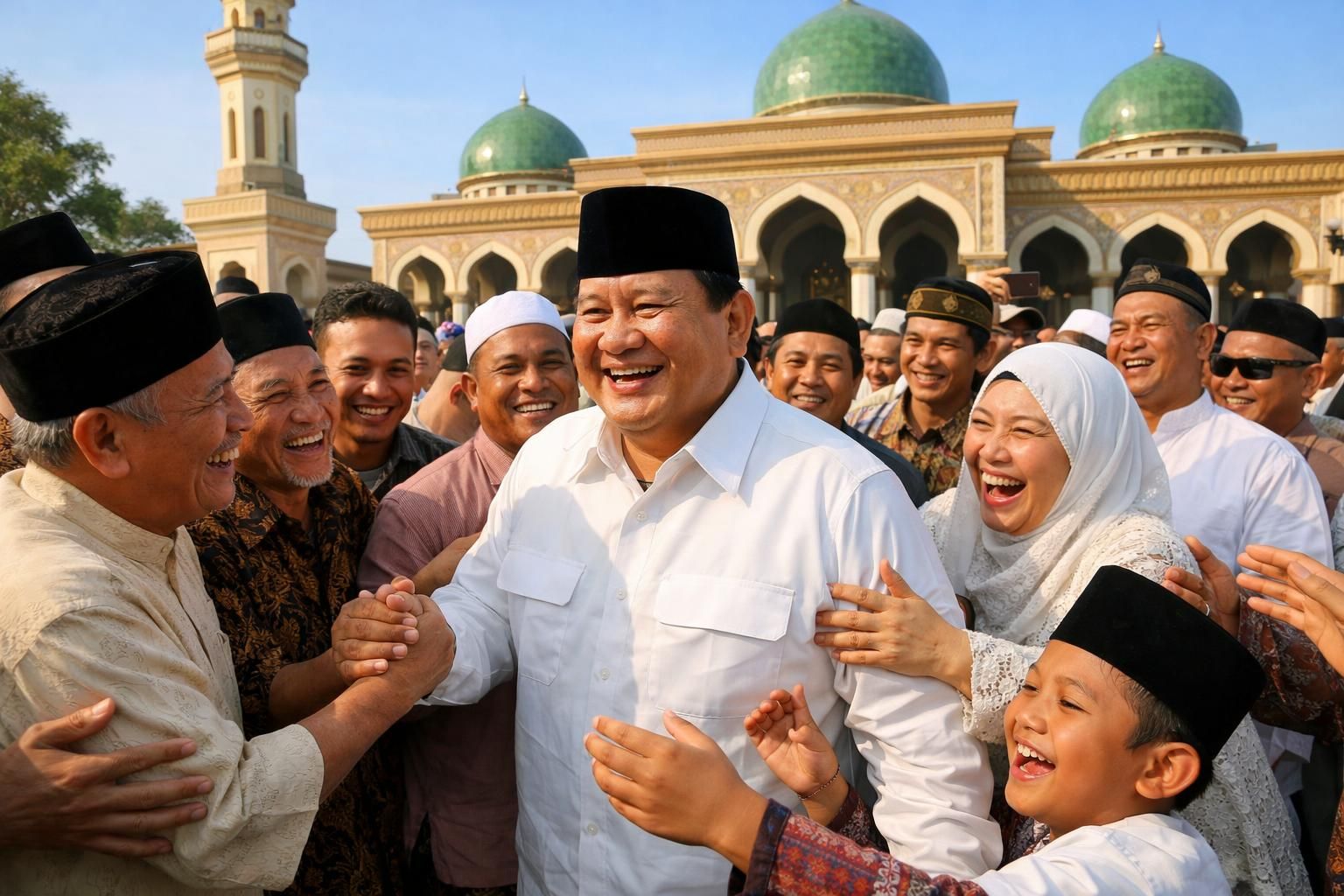 setelah melaksanakan shalat id, prabowo mengunjungi jamaah masjid darussalam, dimana warga dengan antusias berusaha menyapa dan berinteraksi dengannya.
