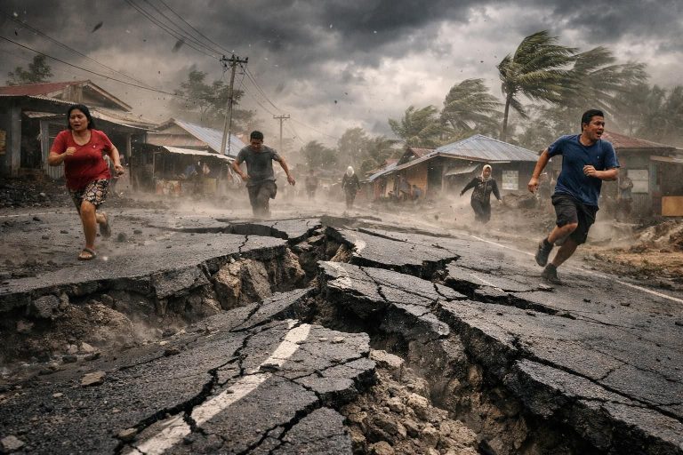 getaran kuat gempa magnitudo 7,6 mengguncang sulawesi utara dan maluku utara, menyebabkan jalanan aspal ikut bergoyang. dapatkan informasi terbaru dan langkah keselamatan di sini.