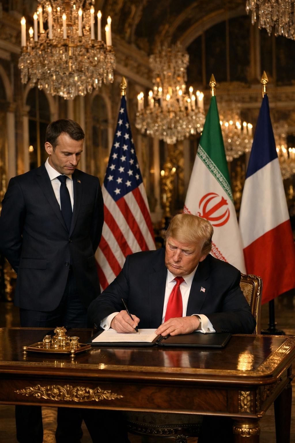 saksikan momentum bersejarah saat trump menandatangani mou perdamaian dengan iran di istana versailles, disaksikan langsung oleh presiden macron, membuka era baru hubungan internasional.