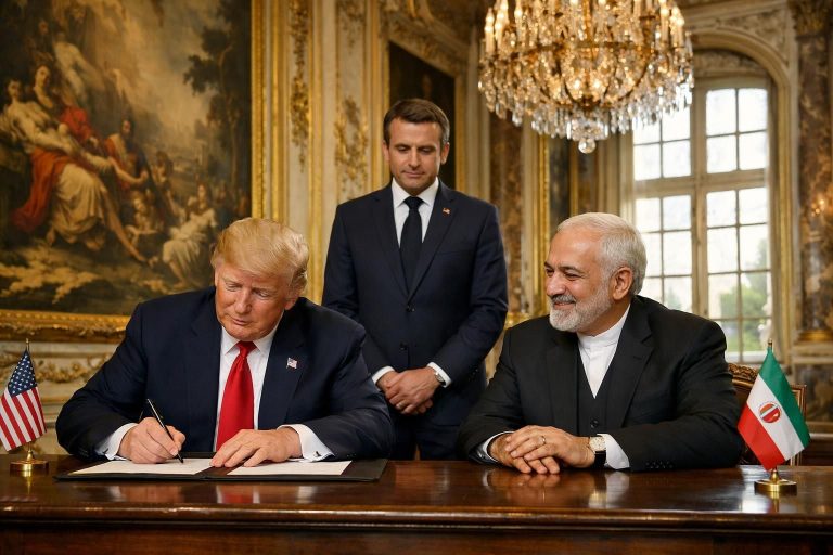 detik bersejarah tercipta saat trump menandatangani mou perdamaian dengan iran di istana versailles, disaksikan langsung oleh presiden macron, menandai langkah penting dalam hubungan internasional.