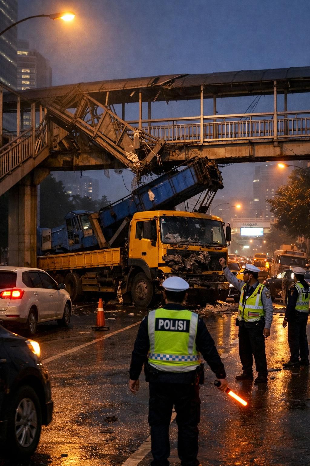 pengakuan sopir truk pembawa crane yang menabrak jpo tendean, mengungkap fokusnya pada peta navigasi saat kejadian berlangsung.