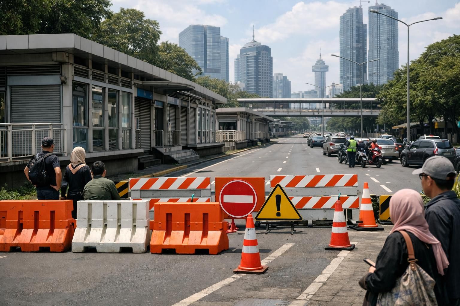 beberapa rute transjakarta dihentikan sementara akibat penutupan jalan, menyebabkan perubahan layanan dan rute bagi penumpang.