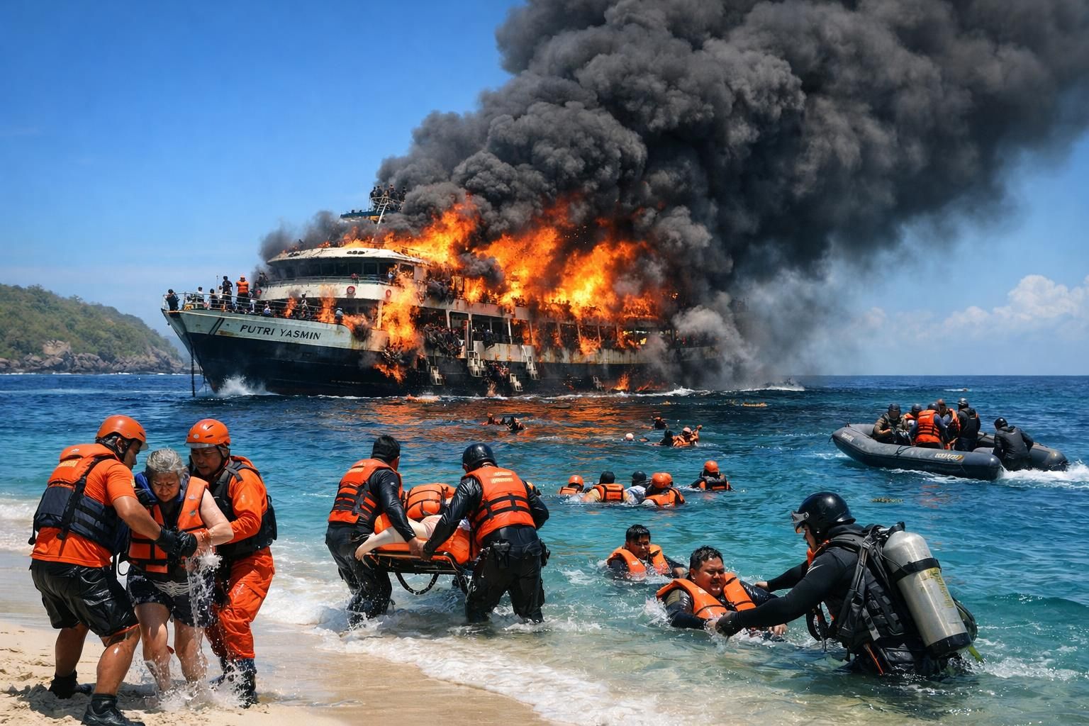 kmp putri yasmin terbakar di pantai sekotong lombok barat, tim sar segera dikerahkan untuk upaya penyelamatan dan evakuasi korban.