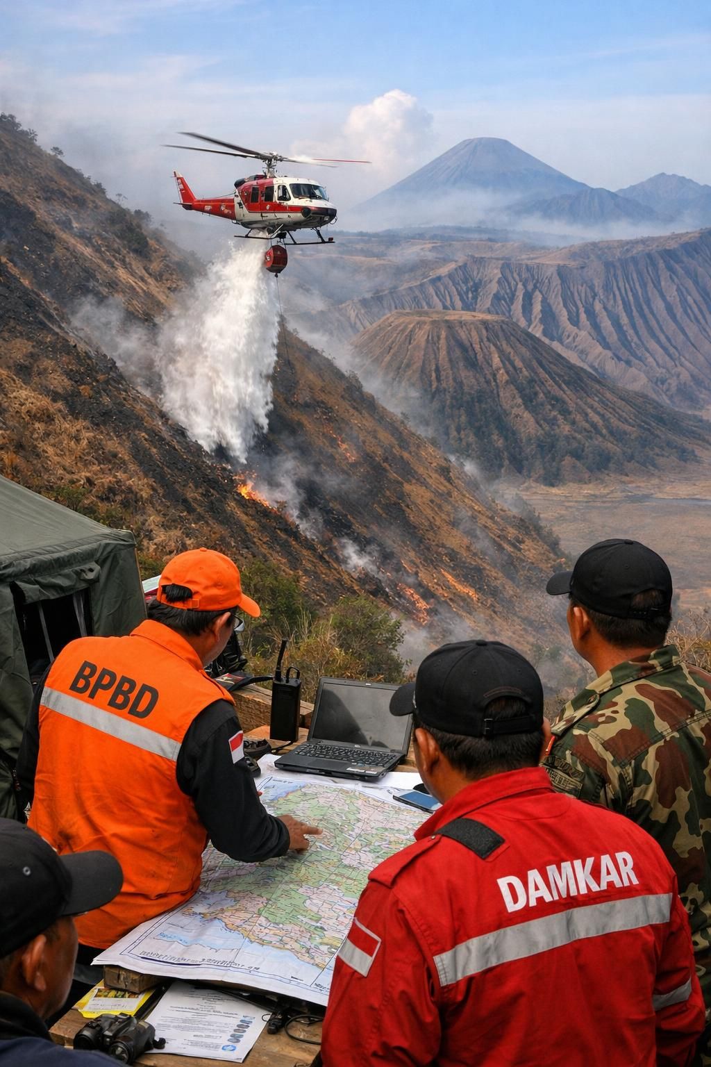 menhut meninjau langkah penanggulangan kebakaran di bromo dengan mengoptimalkan teknik water bombing untuk melindungi kawasan wisata dan lingkungan.