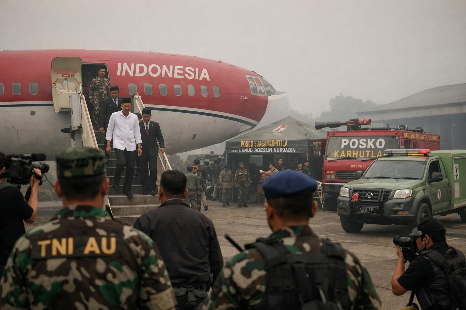 prabowo tiba di pekanbaru dan segera menyambut kabut asap yang disebabkan oleh kebakaran hutan dan lahan (karhutla), upaya penanganan segera dilakukan.