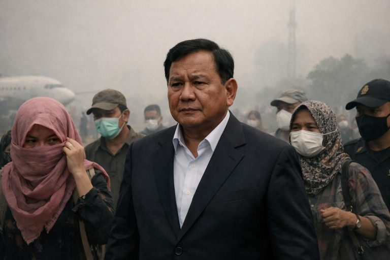 prabowo tiba di pekanbaru dan langsung menanggapi kabut asap yang disebabkan oleh kebakaran hutan dan lahan (karhutla).