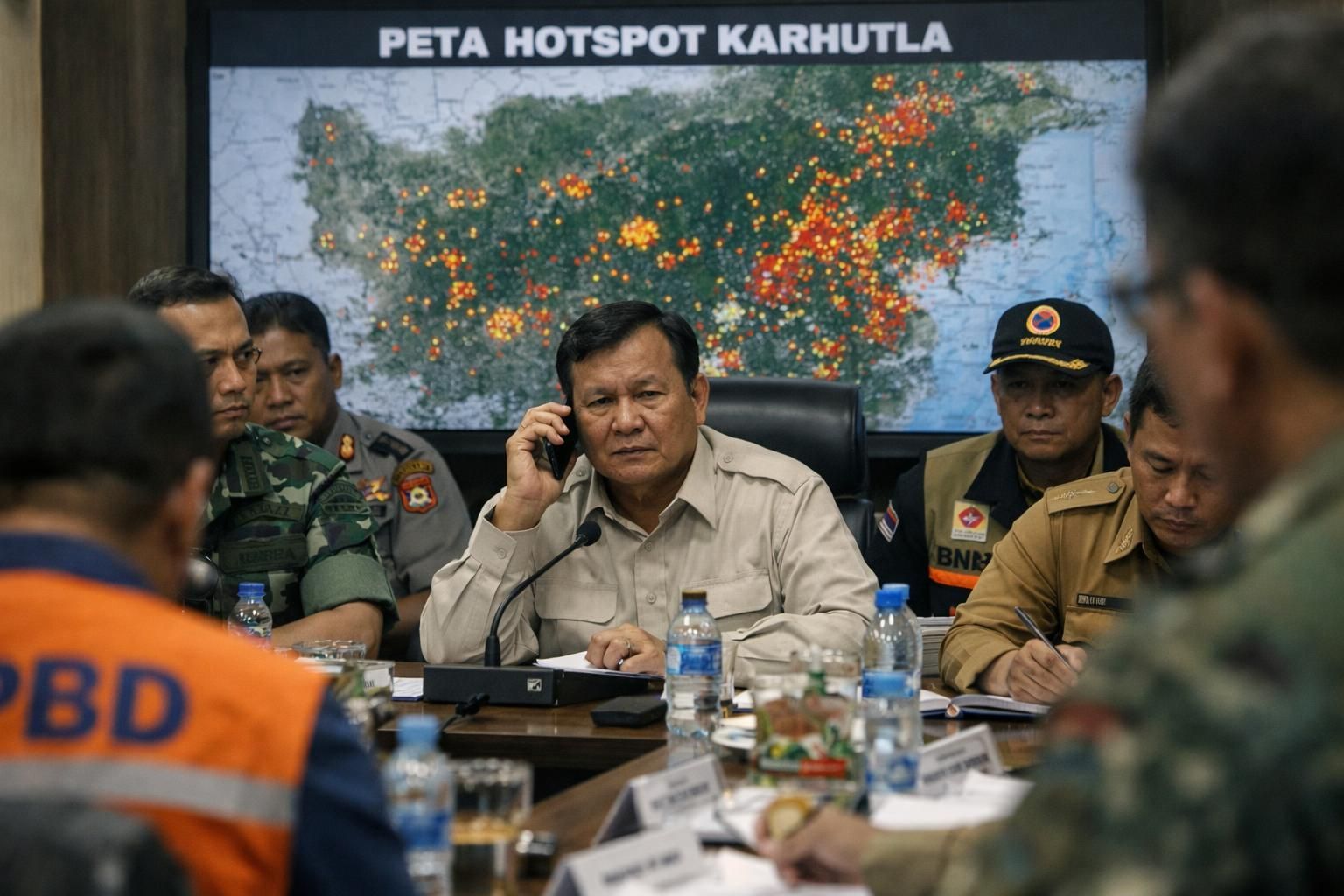 prabowo mendesak penambahan peralatan untuk penanggulangan kebakaran hutan dan lahan (karhutla) dalam rapat tengah berlangsung demi meningkatkan kesiapsiagaan dan respons cepat.